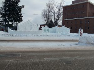 Pictured above is the winning snow and ice sculpture for the month-long competition by Tau Kappa Epsilon including a traditional viking longboat and Thor.