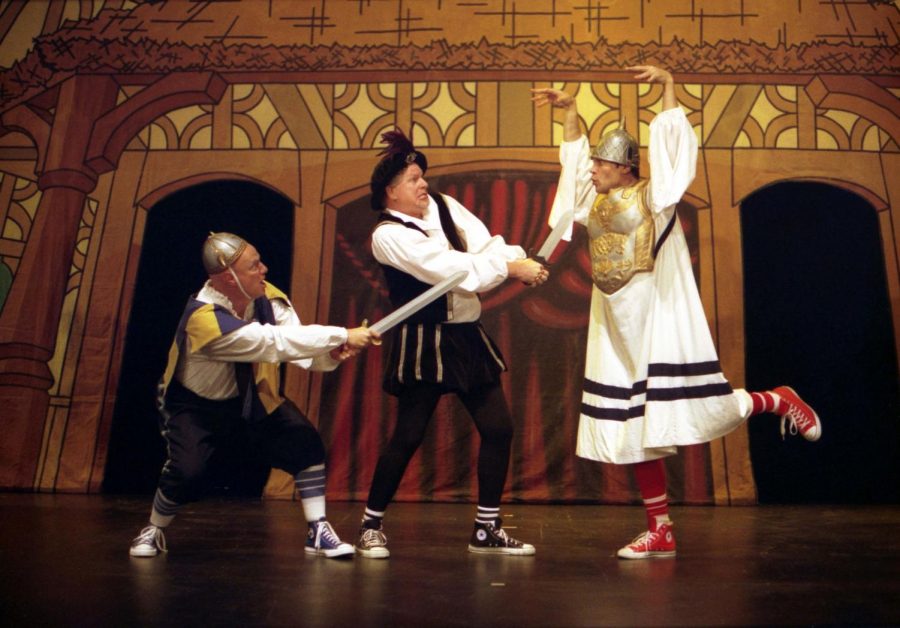 Actors from the Reduced Shakespeare Company, dressed in historically accurate Converse sneakers, perform The Complete Works of William Shakespeare (abridged)