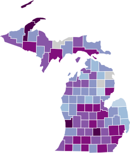 Map shows average 14-day testing rate by county as of Monday, September 14th. Darker colors indicate higher levels of positive cases.