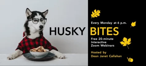 Husky wearing glasses with the time Husky Bites are: every Monday at 6 p.m.