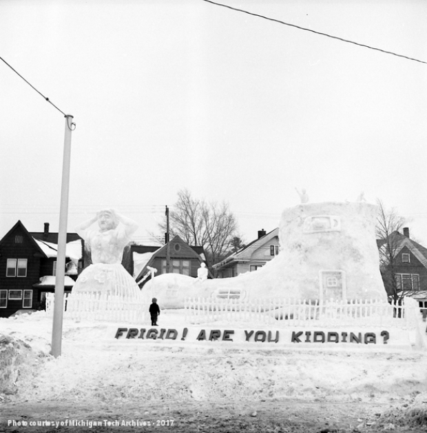 This undated image from a past Winter Carnival shows a snow statue depicting the fairy tale of the old woman that lived in a shoe. 