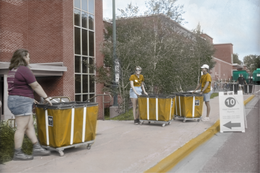 ResEd staff assisting students in moving into Wadsworth Hall, Photograph and Colorization by Tim Peters
