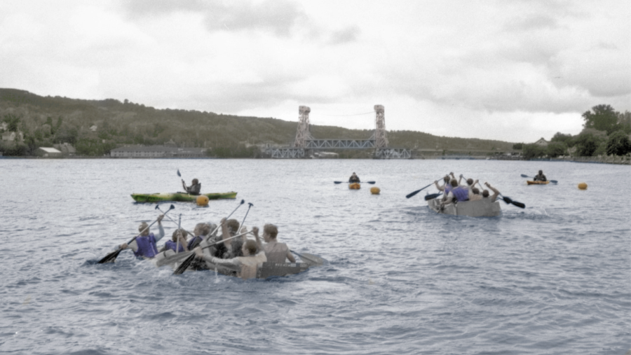 Cardboard boats in a race on the Portage. Photograph and colorization by Tim Peters.